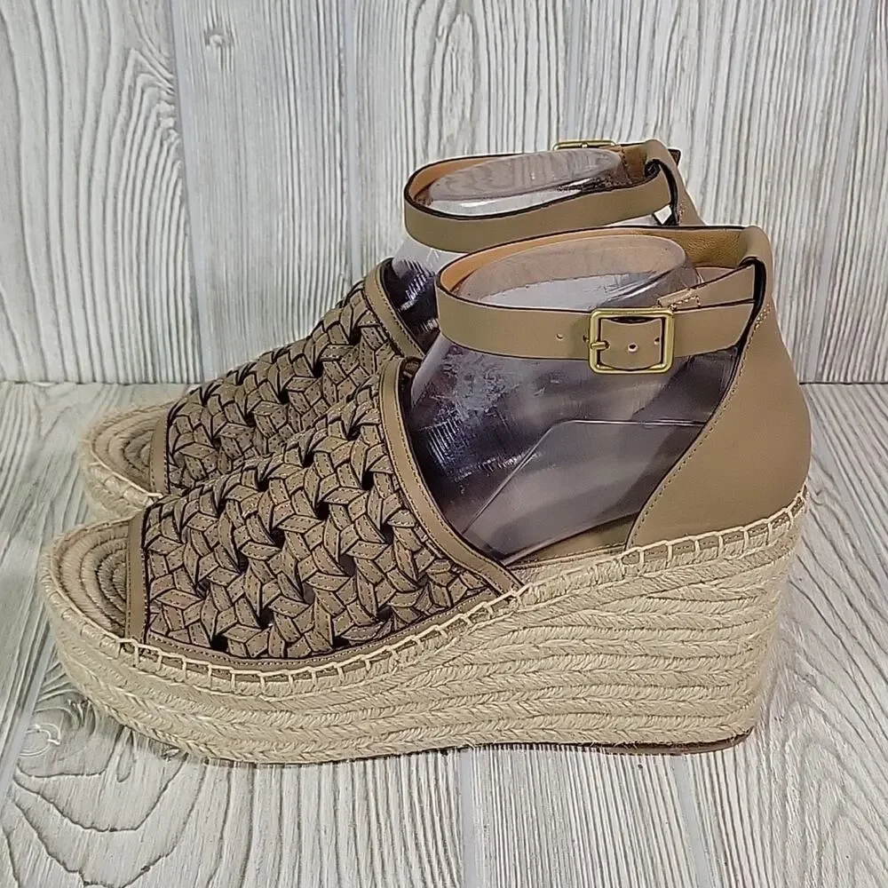 Tory Burch Basketweave Espadrille Wedge Leather Sandals Womens 10.5 NEW